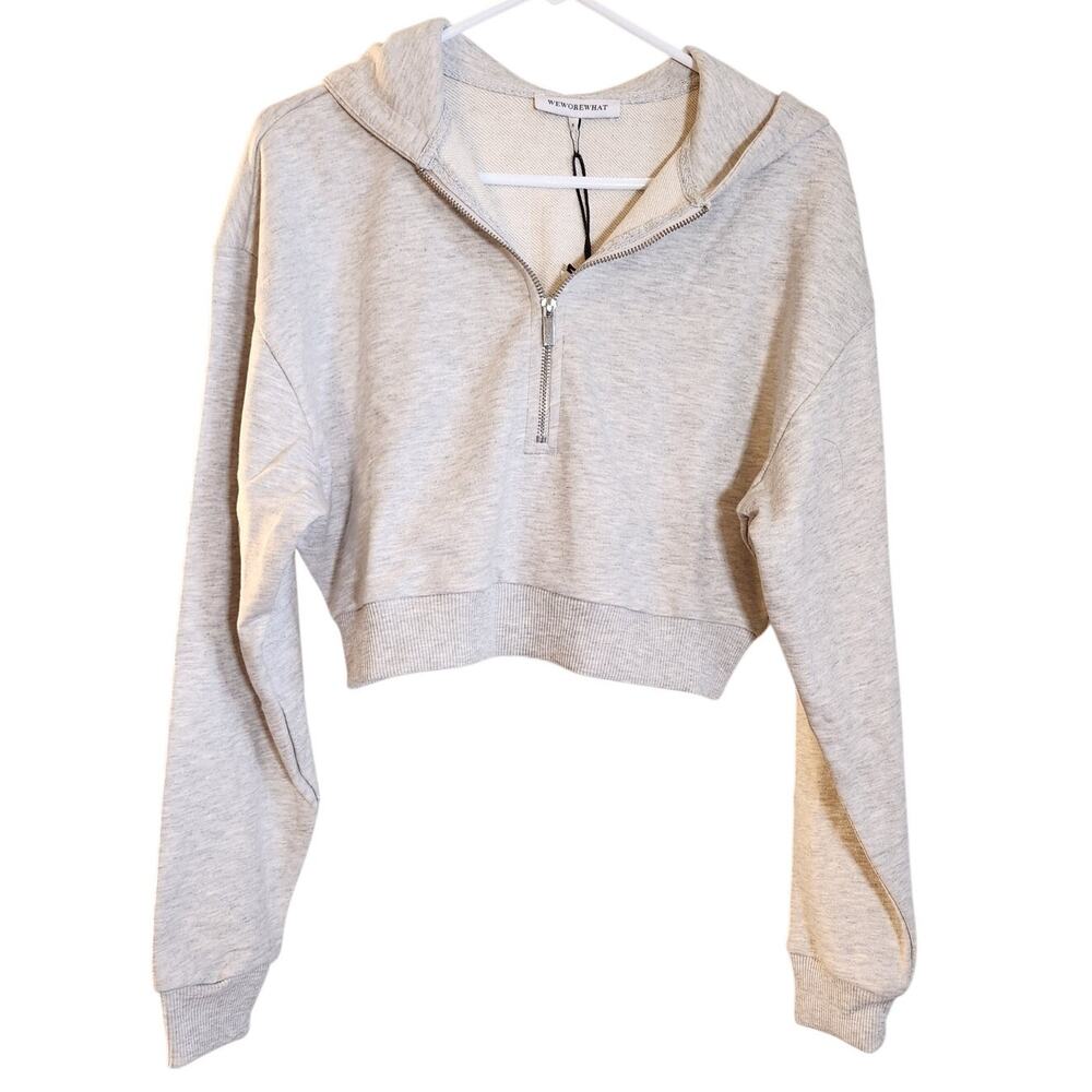 WEWOREWHAT NWT Half Zip Cropped Fleece Hoodie in Gray, Size Small